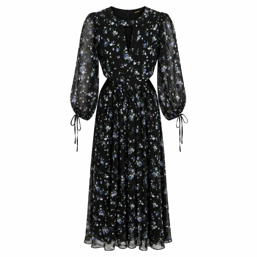 Maje Risof Black Floral Chiffon Cut-Out Maxi Dress Long Sleeve Tie Cuff Size 36 - Picture 2 of 8